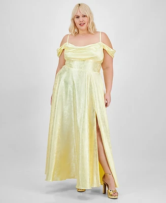 B Darlin Trendy Plus Size Off-The-Shoulder Satin Jacquard Gown