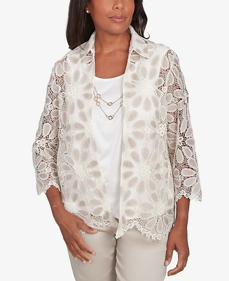 Alfred Dunner Women's Coming up Roses Medallion Lace Two in One Top with Necklace