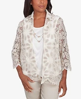 Alfred Dunner Women's Coming up Roses Medallion Lace Two in One Top with Necklace