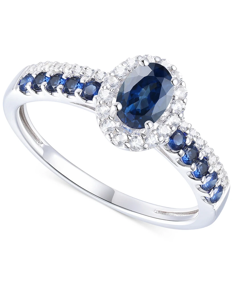 Sapphire (1 ct. t.w.) & Diamond (1/6 Oval Halo Ring 14k White Gold (Also available Ruby Emerald)
