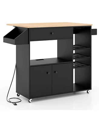 Gouun Drop Leaf Mobile Kitchen Island Cart with Power Outlet Adjustable Shelf