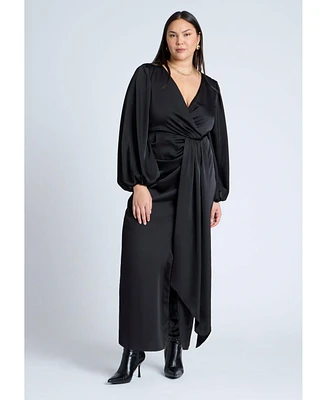 Eloquii Women's Satin Puff Sleeve Pleated Dress