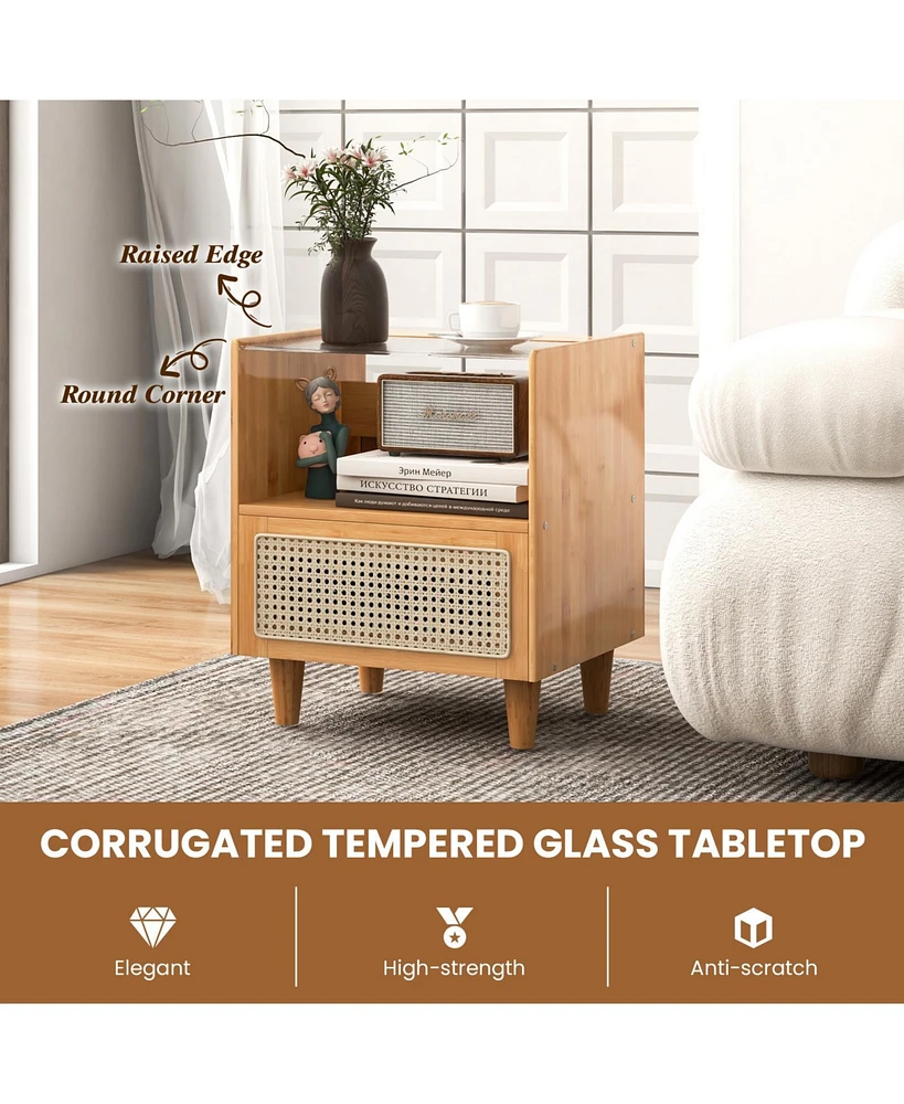 Gouun Bamboo Rattan Nightstand with Drawer and Solid Wood Legs
