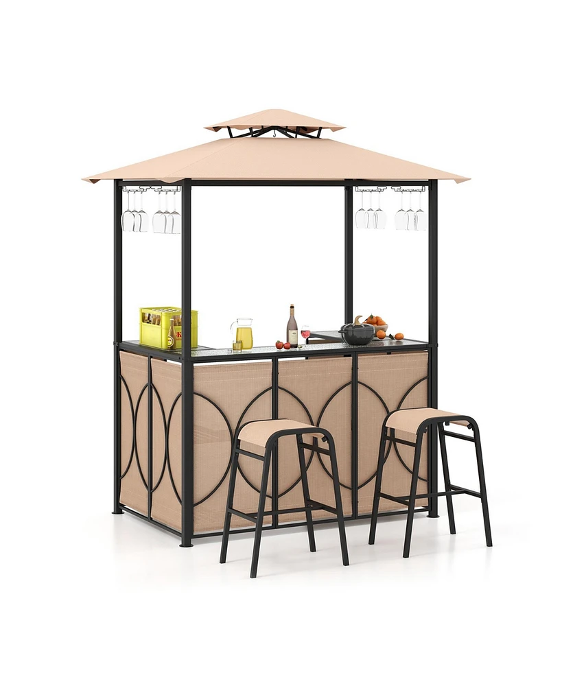 3-Piece Patio Bar Set Grill Gazebo & 2 Bar Stools with Tempered Glass Bar Table