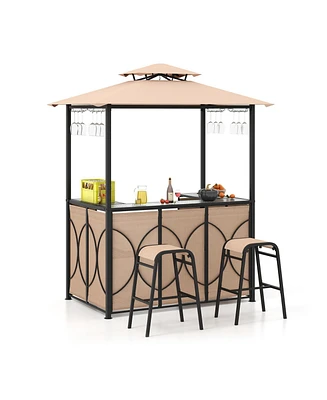 3-Piece Patio Bar Set Grill Gazebo & 2 Bar Stools with Tempered Glass Bar Table