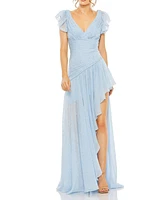 Women's Asymmetrical Ruched Gown With Flutter Sleeves
