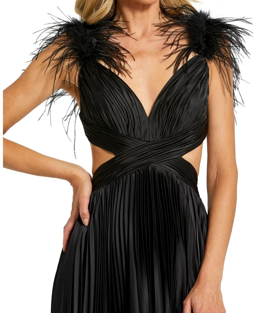 Mac Duggal Women's Pleated Feather Cap Sleeve Open Back Gown