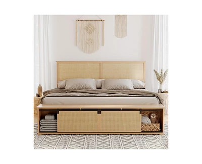 gaomon Natural Rattan Full Size Bed Frame with Sliding Barn Door Storage Cabinets and Headboard, Boho Farmhouse Wood Platform Bed with Solid Wood Legs