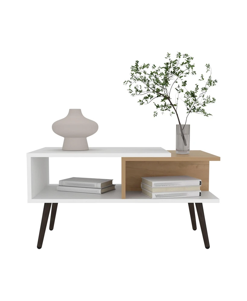 Drexel Coffee Table, 2 Shelves, 4 legs, White / Natural Oak