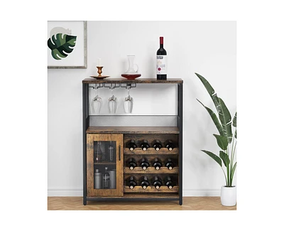 gaomon Wine Bar Cabinet with Detachable Wine Rack, Bar Rack Cabinet with Glass Holder and 1 Drawer, Mesh Door, Small Sideboard and Buffet Cabinet for