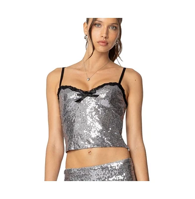 Edikted Womens Revel Lace Trim Sequin Tank Top