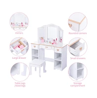 gaomon Kids 3 Drawer Wooden Dressing Table Round Mirror with Lights Stool