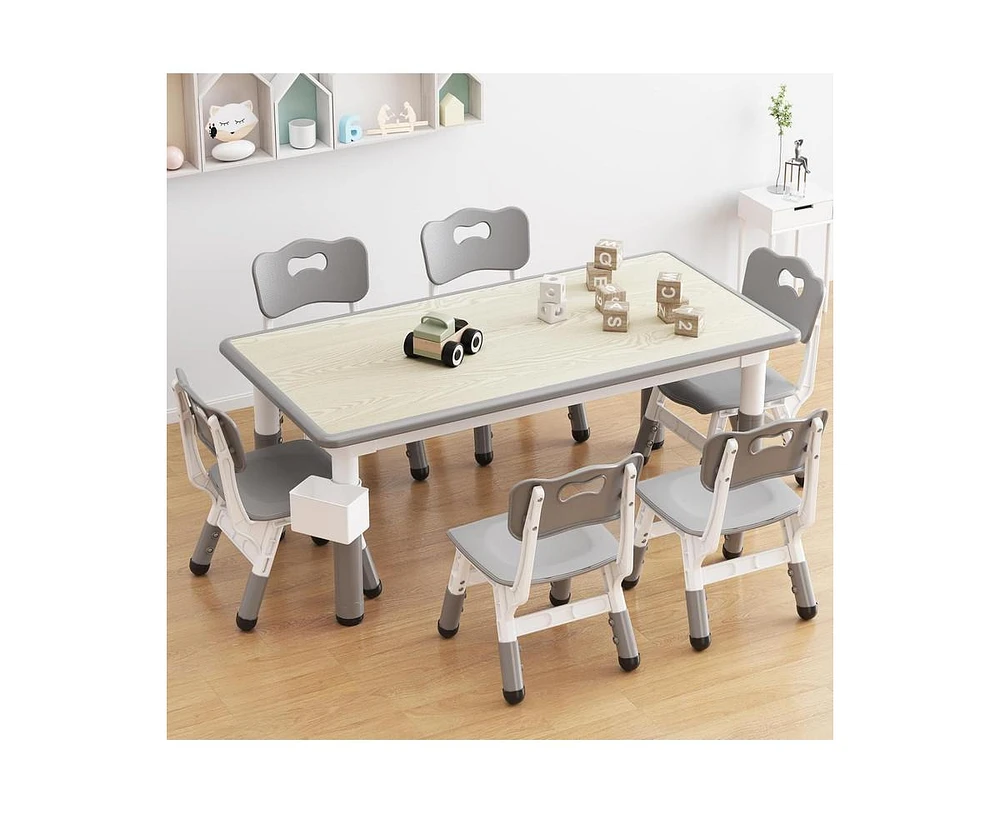 gaomon Modern Kids Table and 6 Chair Set, 47.20" Height Adjustable Toddler Table and 6 Chairs Set with Non-Slip Table Legs&Organizer Graffiti Desktop,