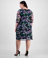Connected Plus Size Printed Mesh 3/4-Sleeve Sheath Dress