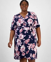 Connected Plus Printed Blouson-Sleeve Faux-Wrap Midi Dress
