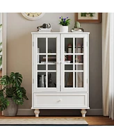 Minimalist White Buffet Cabinet with Double Glass Doors and Drawer, Modern Wooden Storage Sideboard Cupboard for Living room, Dining Room Hallway Entr