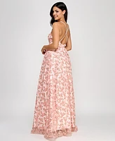 Bcx Juniors' 3D Floral Deep V-Neck Open-Back Gown, Created for Macy's