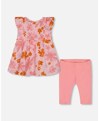 Deux par Deux Baby Girls Printed Tunic And Solid Leggings Set Pink And Coral Flowers