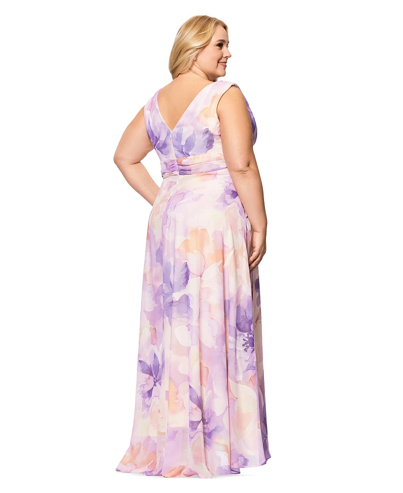 Betsy & Adam Plus Sleeveless V-Neck Floral Dress
