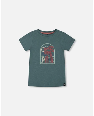 Deux par Deux Baby Boys Short Sleeve Organic Cotton Graphic Tee Teal And Dark Old Rose