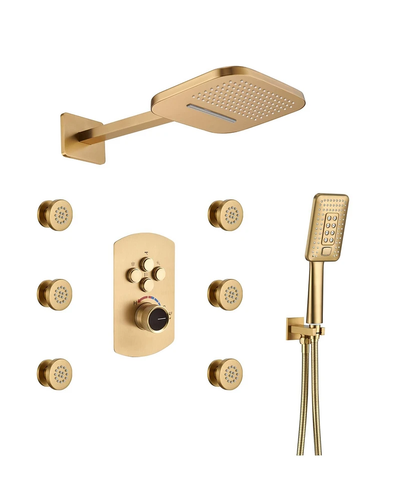 4 Function Luxury Shower System with Body Jets and Handheld alancing Valve Rainfall Head, Matte Black