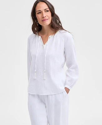 Jm Collection Petite Cotton Embellished-Split-Neck Top