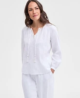 Jm Collection Petite Cotton Embellished-Split-Neck Top