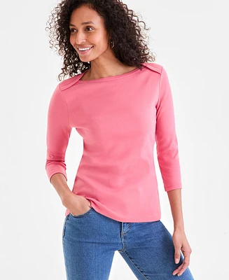 Style & Co Women's Pima Cotton 3/4-Sleeve Boat-Neck Top, Regular Petite, Created for Macy's