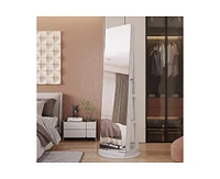 Vlsrka A 360° swivel standing jewelry mirror cabinet with storage shelves, full-length mirror, and Led lights.