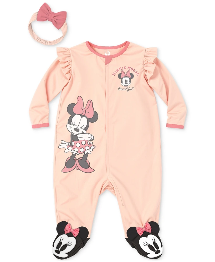 Disney Baby Girls Minnie Mouse Headband & Footed Coverall, 2 Piece Set