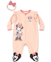 Disney Baby Girls Minnie Mouse Headband & Footed Coverall, 2 Piece Set