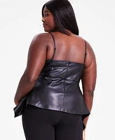 Bar Iii Trendy Plus Size Faux-Leather Peplum Top, Exclusively at Macy's