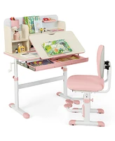 Gouun Kids Height Adjustable Children School Home Study Table and Chair Set with Tilted Desktop for 3-12 Years Old