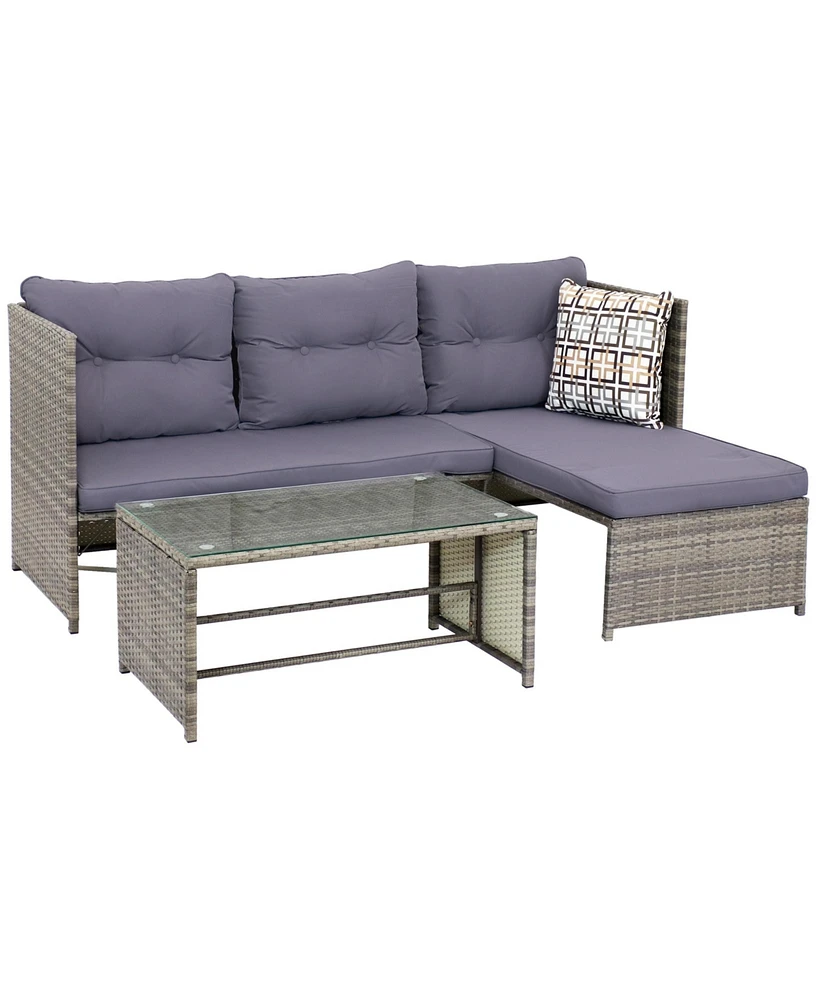 Outdoor Rattan Longford Patio Conversation Set with Chaise Lounge Sectional Sofa, Seat Cushions, and Coffee Table - Charcoal - 2pc