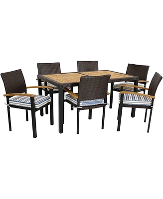Outdoor Rattan and Acacia Wood Carlow Patio Dining Set with Table, Chairs, Seat Cushions - 7pc