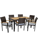 Outdoor Rattan and Acacia Wood Carlow Patio Dining Set with Table, Chairs, Seat Cushions - 7pc