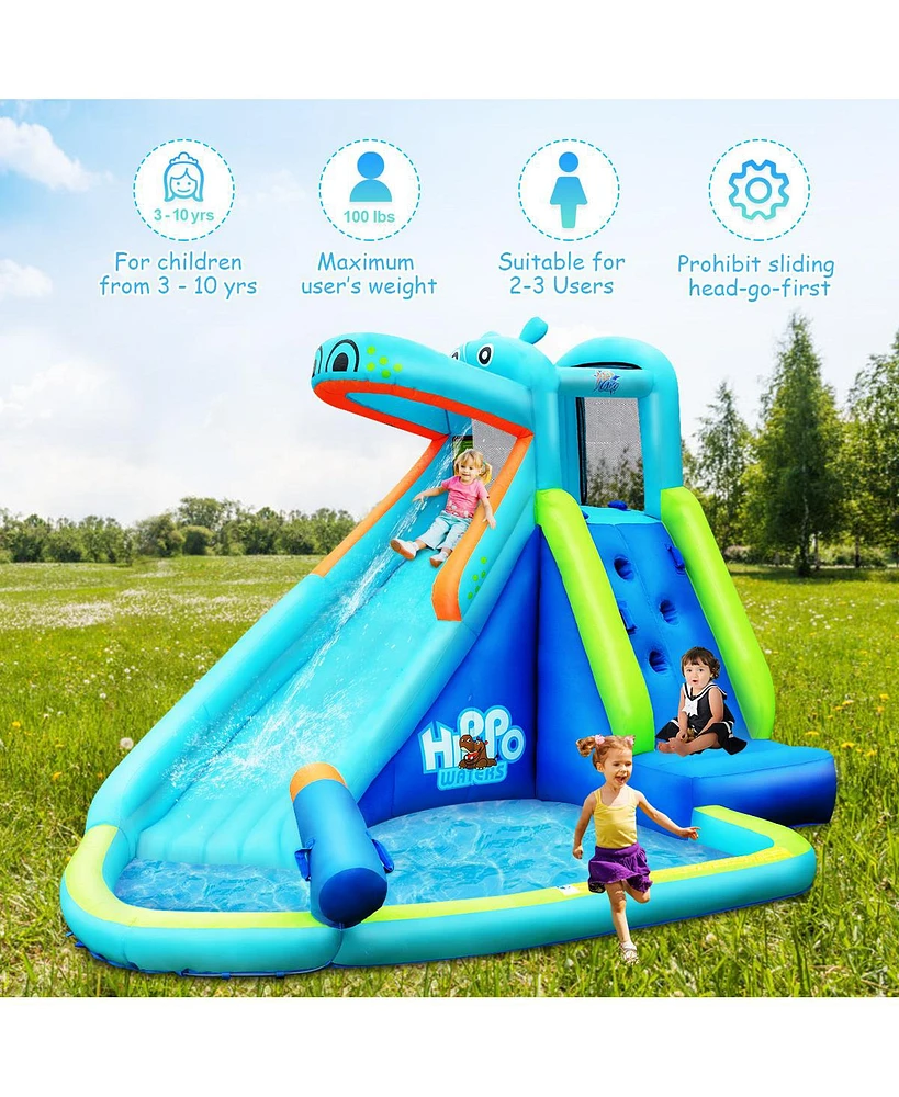Inflatable Kids Hippo Bounce House Slide Climbing Wall Splash Pool w/740W Blower