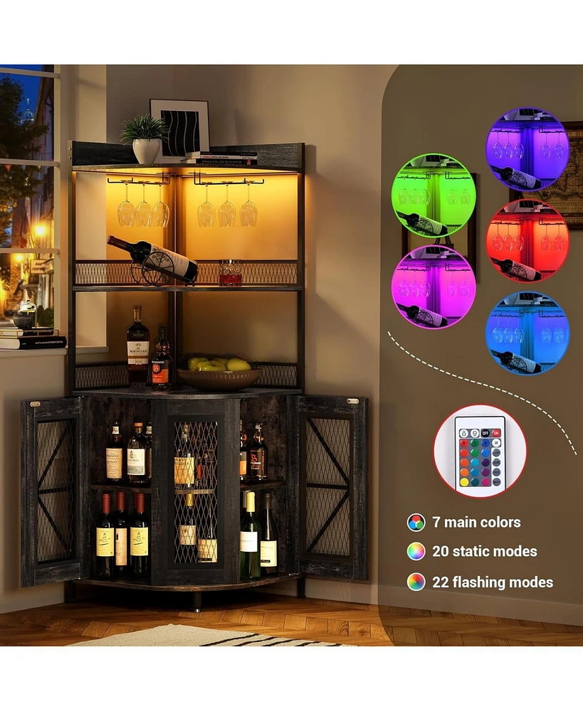 gaomon Corner Bar Cabinet with Charge Oult, 5-Tiers Wine Cabinet with Led Light and Glass Holder, Tall Home Liquor Cabinet for Living Room, Corner Dis