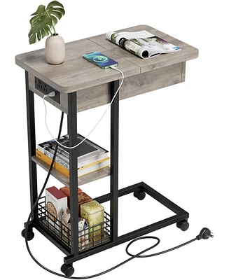 gaomon C Shaped Side Table with Charging Station, Flip Top Sofa End Table with Usb Ports and Outlets for Living Room & Bedroom, Narrow Side Table with