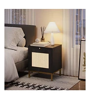 Rattan End Table, Wood Nightstand Set of 2 Side Table with Storage Shelf for Entryway, Living Room, Bedroom, Small Spaces