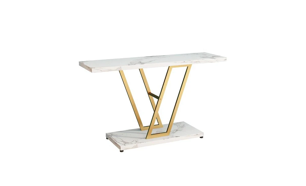 Slickblue Industrial Console Table for Entryway, Gold Frame with Faux Marble Top