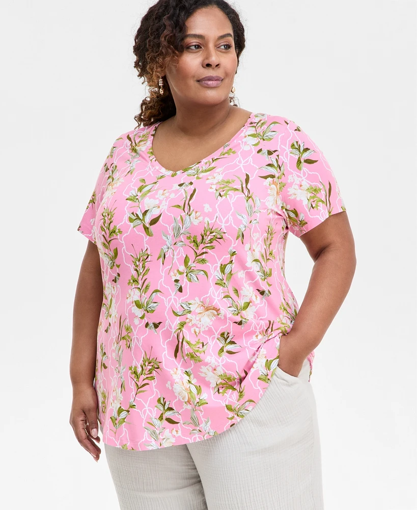 Jm Collection Plus Printed Scoop-Neck Top