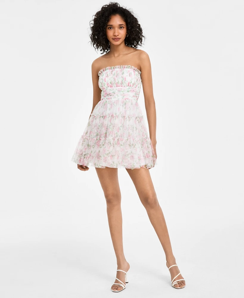 Seni & Cade Juniors' Floral Print Strapless Fit Flare Dress