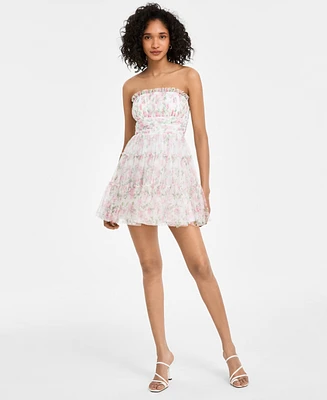 Seni & Cade Juniors' Floral Print Strapless Fit Flare Dress