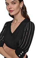 Karl Lagerfeld Paris Women's Puffed-Sleeve V-Neck Sweater