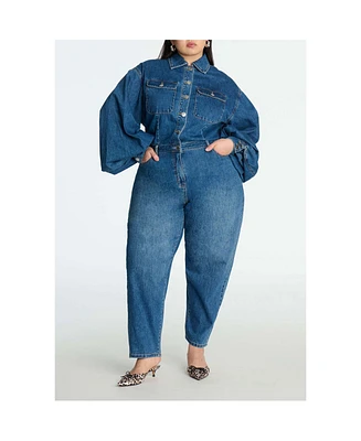 Eloquii Women's Barrel Leg Denim Jumpsuit