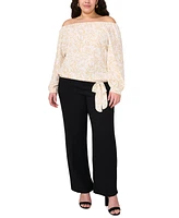 Vince Camuto Plus Printed Off-The-Shoulder Long-Sleeve Tie-Front Blouse
