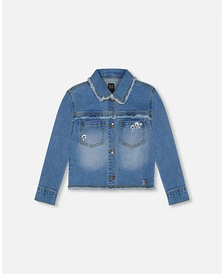 Deux par Deux Girls Frayed Denim Jacket With Embroidery Jeans Blue