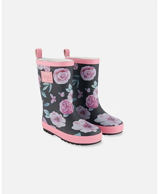 Deux par Deux Little Girls Printed Rain Boots Pink, Black, And Flowers