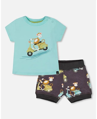 Deux par Deux Baby Boys Two-Piece Top And Short Set Monkey On Navy And Turquoise Moped